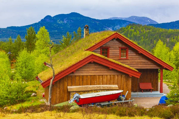 Norweskie Drewniane Kabiny Domki Przyrodzie Górskim Krajobrazie Treungen Nissedal Norwegia — Zdjęcie stockowe