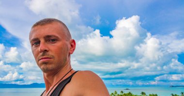 Koh Samui adasında turist ve Tayland 'da Koh Pha-ngan manzaralı manzara manzarası.