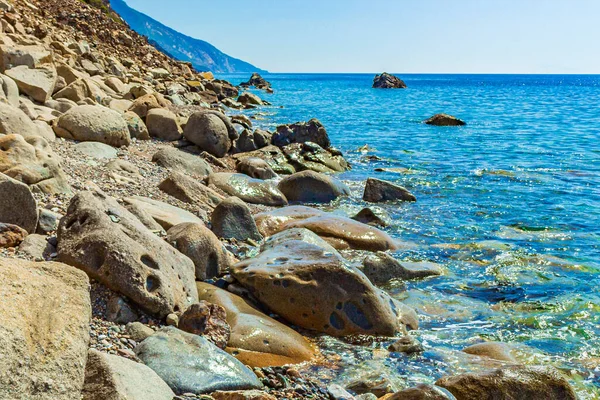 Paisajes Costeros Naturales Isla Cos Grecia Con Montañas Acantilados Rocas — Foto de Stock