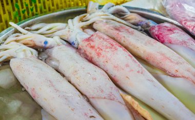 Mürekkep balığı ahtapotları ve Tayland 'daki Koh Samui' deki Bangrak pazarındaki diğer iğrenç deniz ürünleri mutfağı..