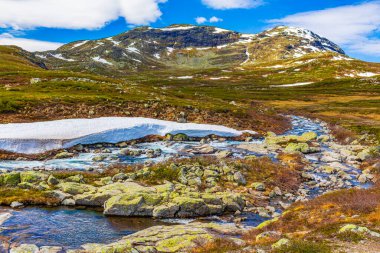 Vavatn gölünün kıyısındaki güzel Storebottane nehri Hemsedal Norveç 'in yaz manzarasında karla kaplı..