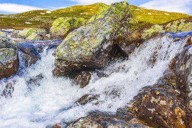 Vavatn gölünün kıyısındaki güzel Storebottane nehri Hemsedal Norveç 'in yaz manzarasında karla kaplı..