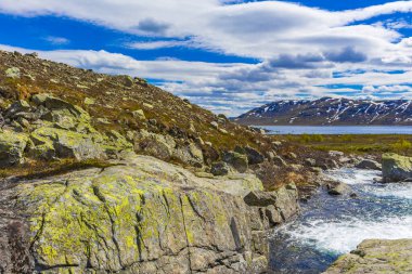 Vavatn gölünün kıyısındaki güzel Storebottane nehri Hemsedal Norveç 'in yaz manzarasında karla kaplı..