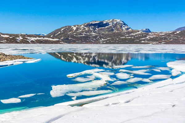 夏天的风景是冰冻的绿松石湖Vavatn全景 而在挪威赫赛达尔则是冰雪覆盖的群山 — 图库照片