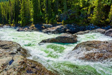 Hemsedal Viken Norveç 'teki Rjukandefossen şelalesinin hızlı akan nehir suyu.