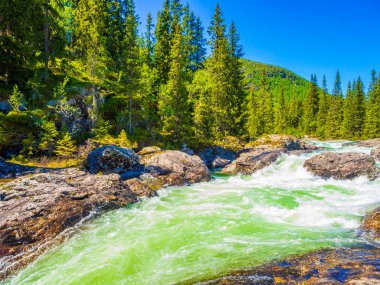 Hemsedal Viken Norveç 'teki Rjukandefossen şelalesinin hızlı akan nehir suyu.