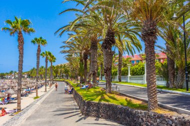 Tenerife Spain 12. July 2014 Landscape and beach promenade panorama of Playa del Camisn of Canary Spanish island Tenerife in Africa clipart