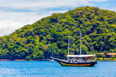 Abraao sahilinden tekne ve gemiler Ilha Grande Angra dos Reis Rio de Janeiro Brezilya.
