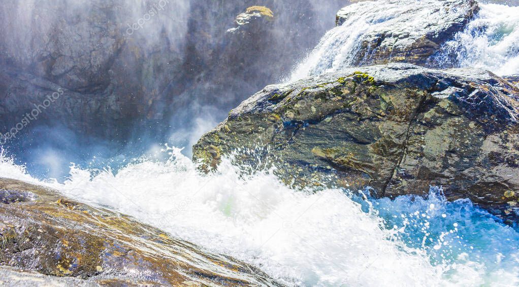 Fast flowing river water of the waterfall Rjukandefossen in Hemsedal Viken Norway.