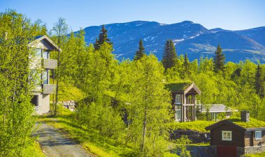 Norveç 'in güzel manzara manzarası Hemsedal Skicenter Dağların kulübeleri ve mavi gökyüzü.
