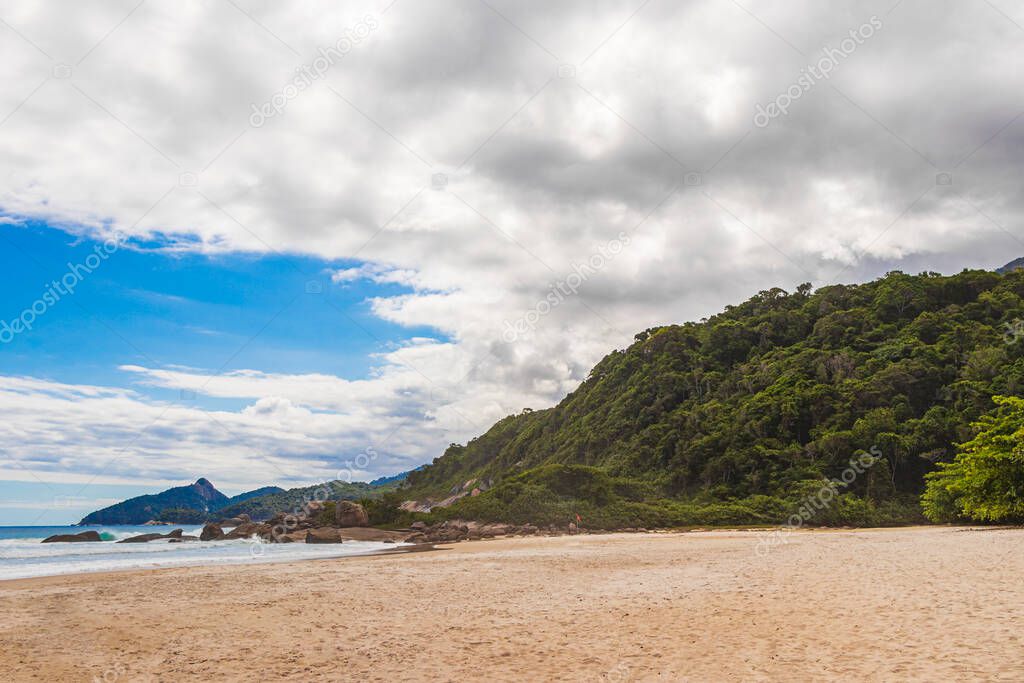 Amazing Praia de Lopes Mendes beach on the big tropical island Ilha Grande in Angra dos Reis Rio de Janeiro Brazil.