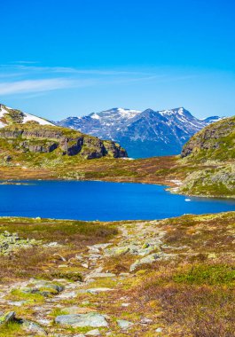 Horntjerni Gölü kayalıklarda ve Veslehodn Veslehorn Dağı 'nın zirvesinde Hemsedal Norveç' teki Hydnefossen şelalesinin yanında..