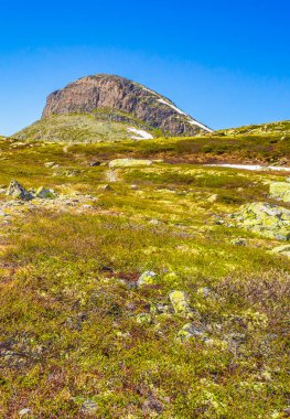 Hemsedal Norveç 'teki Hydnefossen şelalesinin yanındaki Veslehodn dağındaki inanılmaz Storehodn dağ tepeleri ve kaya oluşumları uçurumları.