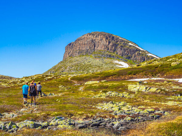 Viken Norway 06. June 2016 People hikers are trekking to the Storehodn mountain by the Hydnefossen waterfall in Hemsedal Norway.