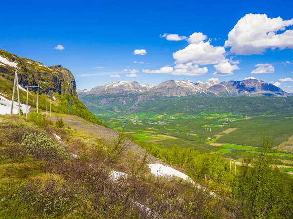 Schönes Talpanorama Norwegen Von Hydalen Hemsedal Mit Verschneiten Bergen Sommer — Stockfoto