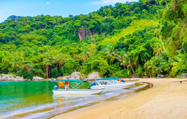 Tekne gemileri ve Mangrove Sahili ve Pouso Sahili Ilha Grande Angra dos Reis Rio de Janeiro Brezilya.