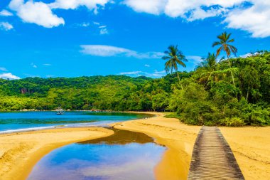 Muhteşem Mangrove plajı ve Pouso plajı ahşap köprüyle Büyük tropikal ada Ilha Grande Rio de Janeiro Brezilya.