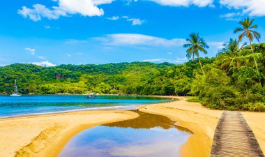 Muhteşem Mangrove plajı ve Pouso plajı ahşap köprüyle Büyük tropikal ada Ilha Grande Rio de Janeiro Brezilya.