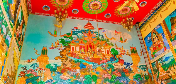 泰国Koh Samui岛Wat Plai Laem寺内五彩斑斓的佛教绘画画廊和艺术馆 — 图库照片
