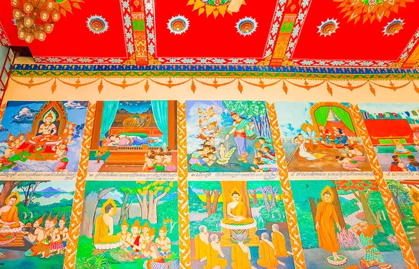 Kolorowe Galerie Obrazów Buddyjskich Sztuki Wewnątrz Świątyni Wat Plai Laem — Zdjęcie stockowe