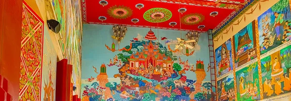 Colorido Budista Pinturas Galerias Arte Dentro Templo Wat Plai Laem — Fotografia de Stock