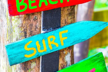 Kum plajı sörfü ve Mangrove sahilindeki renkli tahta oklarda rahatlamak ve tropik ada Ilha Grande Rio de Janeiro Brezilya 'daki Pouso plajında.