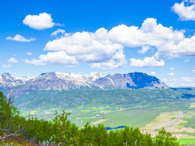 Yazın dağlarda kar yağan Hydalen Hemsedal Norveç 'in güzel vadi manzarası.