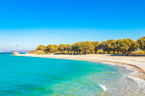 Praia Kremasti Com Águas Cristalinas Turquesa Costa Natural Rodes Grécia — Fotografia de Stock