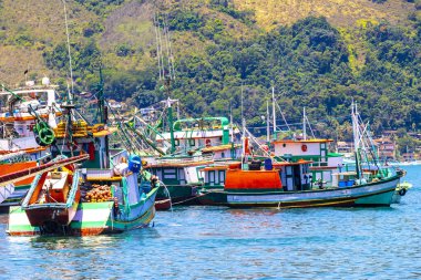 Angra dos Reis Rio de Janeiro Eyaleti 28 numara. Ekim 2020 Tropikal sahil sahili deniz manzaralı turkuaz yeşil su iskele limanı, Brezilya 'da yatları ve tekneleri olan Panorama..