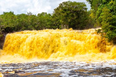 Kızıl nehir suyu ve şelale Cachoeira Sucuriju turuncu sarı kahverengi renkler tropikal orman doğasında doğa ve Brezilya 'nın Amazon eyaletinde yağmur ormanları.