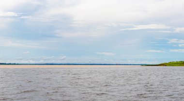 Rio Negro 'nun karasu suyu Amazon Nehri' nin beyaz suyu ve tropikal orman yağmur ormanı ve Iranduba Manaus Manaus Brezilya 'da mavi bulutlu gökyüzü ile tekne turu..
