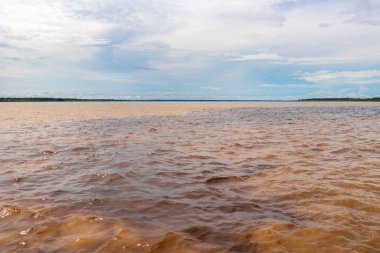 Rio Negro 'nun karasu suyu Amazon Nehri' nin beyaz suyu ve tropikal orman yağmur ormanı ve Iranduba Manaus Manaus Brezilya 'da mavi bulutlu gökyüzü ile tekne turu..