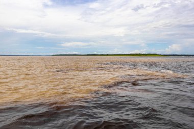 Rio Negro 'nun karasu suyu Amazon Nehri' nin beyaz suyu ve tropikal orman yağmur ormanı ve Iranduba Manaus Manaus Brezilya 'da mavi bulutlu gökyüzü ile tekne turu..