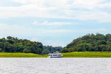 Rio Negro 'nun karasu suyu Amazon Nehri' nin beyaz suyu ve tropikal orman yağmur ormanı ve Iranduba Manaus Manaus Brezilya 'da mavi bulutlu gökyüzü ile tekne turu..