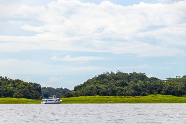 Rio Negro 'nun karasu suyu Amazon Nehri' nin beyaz suyu ve tropikal orman yağmur ormanı ve Iranduba Manaus Manaus Brezilya 'da mavi bulutlu gökyüzü ile tekne turu..