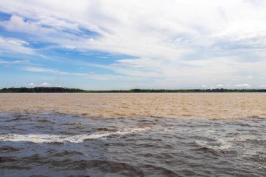 Rio Negro 'nun karasu suyu Amazon Nehri' nin beyaz suyu ve tropikal orman yağmur ormanı ve Iranduba Manaus Manaus Brezilya 'da mavi bulutlu gökyüzü ile tekne turu..