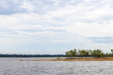 Rio Negro ve Amazon Nehri 'nin suları, tropikal yağmur ormanları ve mavi bulutlu gökyüzü İranduba Manaus Brezilya Eyaleti' ne tekne turunda..