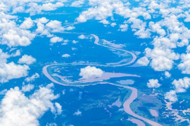 Amazon nehri Rio nehri Amazon eyaleti tropikal yağmur ormanı manzaralı uçakta..