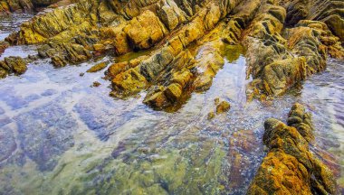 Rocky Kalim Plajı tropikal manzara manzarası turkuaz mavisi berrak su dalgaları ve kayalarla Patong Sahili Kathu Bölgesi Phuket Adası Güney Tayland.