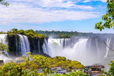 Foz do Iguacu Iguazu Şelalesi Şelaleleri tropikal doğa yağmur ormanı manzaralı çağlayan şelaleler ve Parana Brezilya ve Misiones Arjantin 'de turkuaz yeşil su.