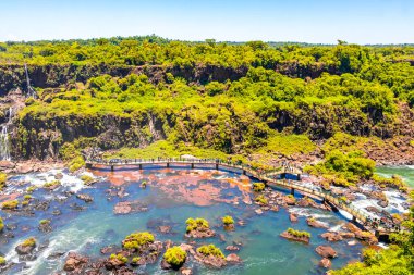 Foz do Iguacu Iguazu Şelalesi Şelaleleri tropikal doğa yağmur ormanı manzaralı çağlayan şelaleler ve Parana Brezilya ve Misiones Arjantin 'de turkuaz yeşil su.