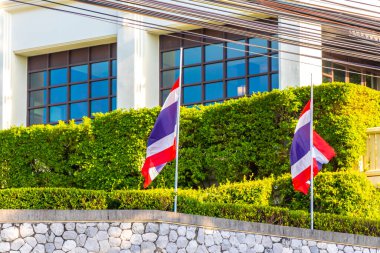 Thai flag blowing in the wind in the city and blue sky in Patong Beach Kathu District Phuket Island Province Southern Thailand in Southeast Asia.