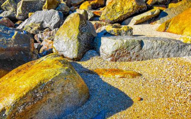 Kalim Sahili tropikal kayalık manzara manzarası turkuaz mavisi berrak su dalgaları ile Patong Sahili Kathu Bölgesi Phuket Adası Güney Tayland 'da kum ve kayalar.
