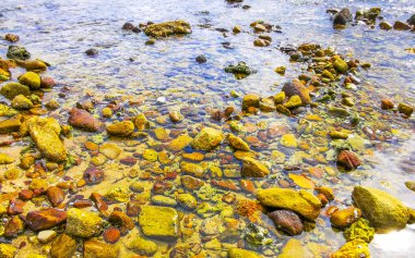 Kalim Sahili tropikal kayalık manzara manzarası turkuaz mavisi berrak su dalgaları ile Patong Sahili Kathu Bölgesi Phuket Adası Güney Tayland 'da kum ve kayalar.