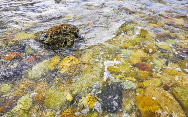 Kalim Sahili tropik kayalık deniz manzarası turkuvaz mavisi berrak su dalgaları ile Patong Sahili 'nde Kathu Bölgesi Phuket Adası Güney Tayland' da kum ve kayalar.