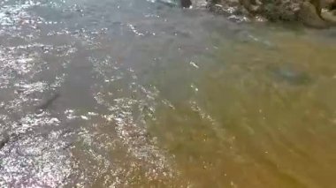 Kalim Sahili tropik kayalık deniz manzarası turkuvaz mavisi berrak su dalgaları ile Patong Sahili 'nde Kathu Bölgesi Phuket Adası Güney Tayland' da kum ve kayalar.