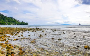 Kalim Sahili tropikal kayalık manzara manzarası turkuaz mavisi berrak su dalgaları ile Patong Sahili Kathu Bölgesi Phuket Adası Güney Tayland 'da kum ve kayalar.
