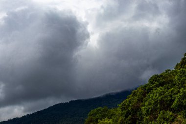 Tropik dağ dağları orman ağaçları dramatik yağmur bulutları muson yağmurları ve sisli gökyüzü Ilha Grande Büyük Adası Angra dos Reis Rio de Janeiro Brezilya 'da.