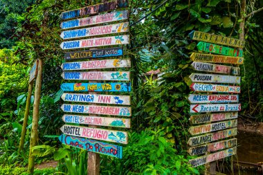 Angra dos Reis Rio de Janeiro Brezilya Eyaleti 20. Kasım 2020 Vila do Abraao köyü ahşap turist bilgisi tabela levhaları ile Ilha Grande Brezilya 'da tropikal doğada tabela levhası.