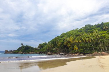 Aventureiro Sahili tropikal manzara manzarası turkuaz su dalgaları palmiye ağaçları ve kayalar Ilha Grande Büyük Adası Angra dos Reis Rio de Janeiro Brezilya.